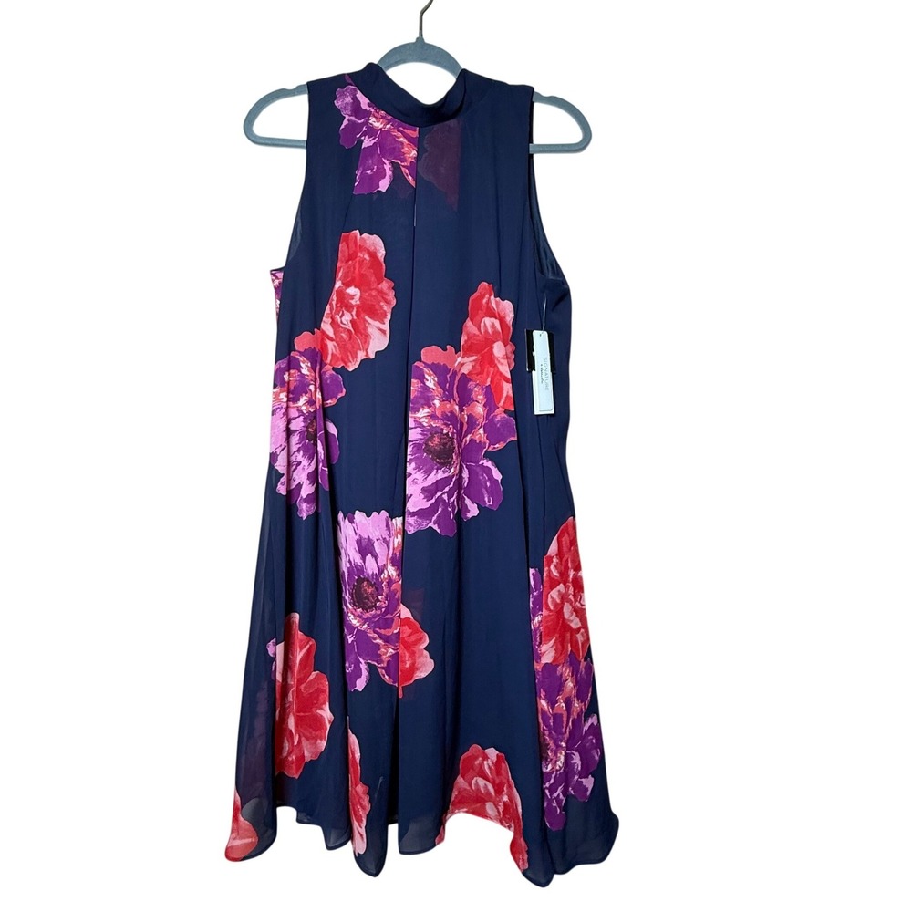 Floral Chiffon Dress Women 14 Navy Multi Shift Mini NEW